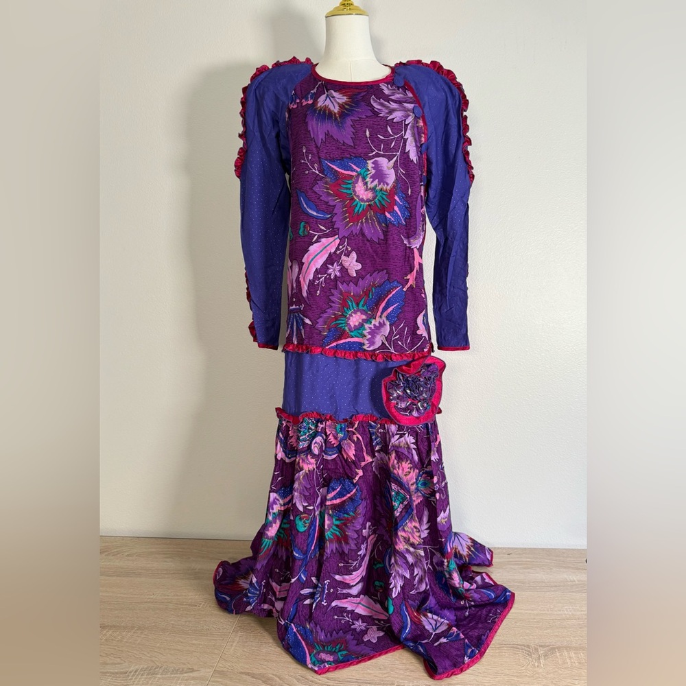 Jeanne‎ Marc Vintage Purple Floral Long Sleeve Shoulder Pads Dress Women’s Sz M